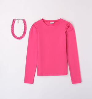 Girls' T-shirt with a necklace FUCHSIA