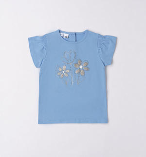 T-shirt bambina con fiori di strass BLU