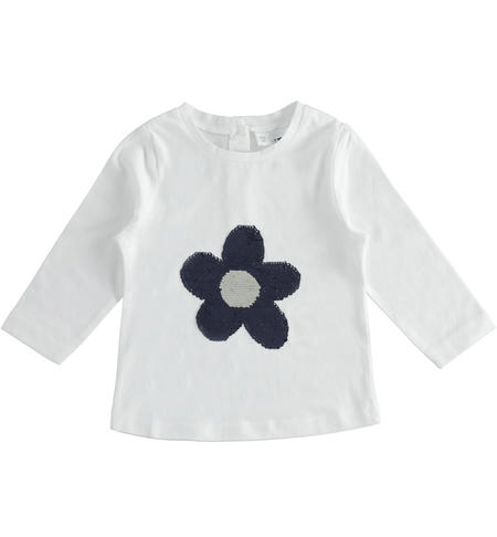 100% cotton round-neck t-shirt with reversible sequins flower for girls from 12 months to 8 years by iDO BIANCO-0113