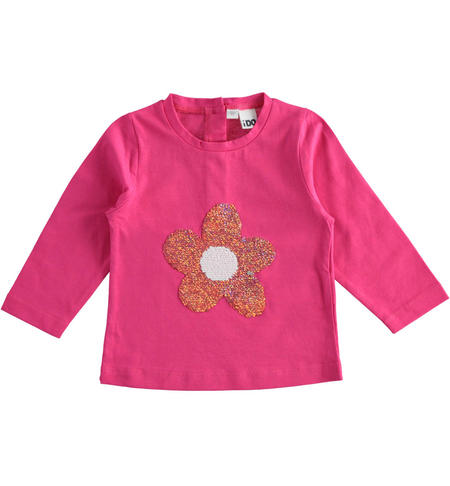 100% cotton round-neck t-shirt with reversible sequins flower for girls from 12 months to 8 years by iDO FUXIA-2445