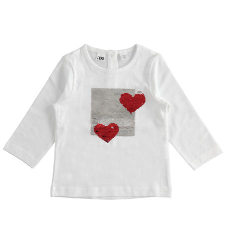 100% cotton crewneck T-shirt with reversible sequin hearts for girl from 6 months to 7 years iDO BIANCO-0113
