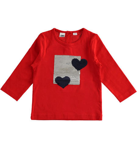 100% cotton crewneck T-shirt with reversible sequin hearts RED