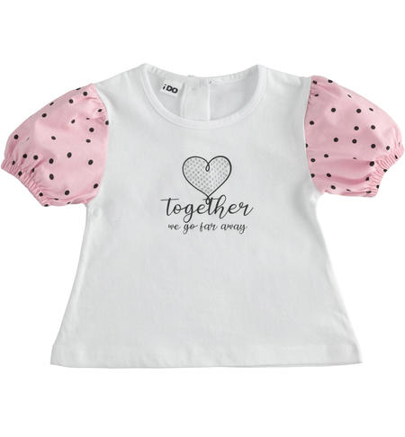 100% cotton girl's t-shirt with polka dot sleeves from 6 months to 8 years old BIANCO-0113