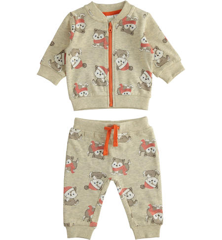 Fleece baby suit with puppies from 1 to 24 months iDO GRIGIO-PANNA-6TS3